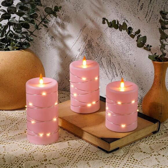Rose Pink Flameless Candles with String Lights Battery Operated Flickering LED - Picture 3 of 5